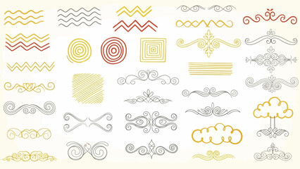 Collection Of Hand Drawn Decorative Swirls Waves Lines And Shapes In Gold Silver Red vector illustration