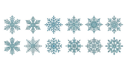 Collection of Twelve Teal and Blue Snowflakes with Textured Detail Keywords: snowflake, snow, winter, ice, cold, frost