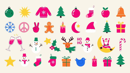 Colorful Christmas Icons Featuring Santa Snowman Trees And Gifts Keywords: christmas, holiday, festive, icon, symbol