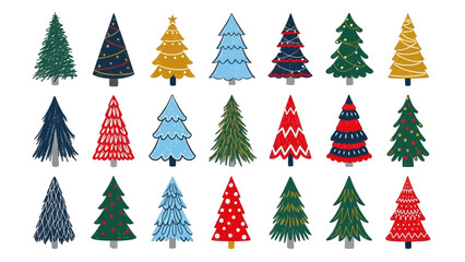Collection of Stylized Christmas Trees in Different Colors and Patterns whisk illustration