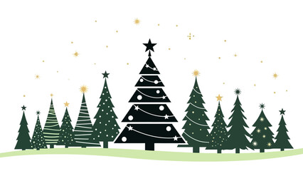 Festive Christmas Trees with Golden Stars and Snowflakes on White Keywords: Christmas, tree, festive, holiday, winter