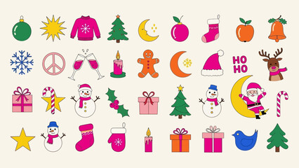 Festive Christmas Icons Collection With Santa Snowman Trees And Gifts Keywords: christmas, holiday, festive, icon, symbol