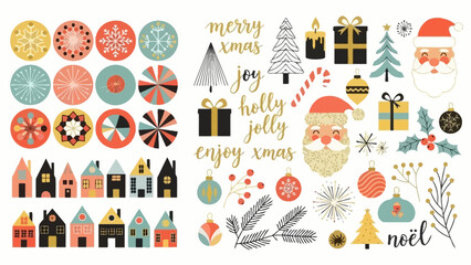 Festive Christmas Elements Including Houses, Santa, Ornaments, and Text Keywords: christmas, holiday, festive, Santa Claus