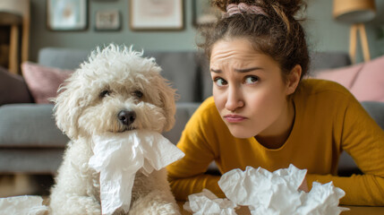 Woman looking worried with pet dog holding crumpled tissue. Allergy season cute puppy. Healthcare concept, illness. Naughty doggy scattered toilet paper. Dissatisfied owner girl. Bad behavior.