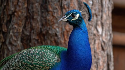Fototapeta premium Head and iridescent blue neck of an elegant peacock with crest. Beautiful wild bird. Majestic animal portrait. Wildlife concept. Male peacocks close up.