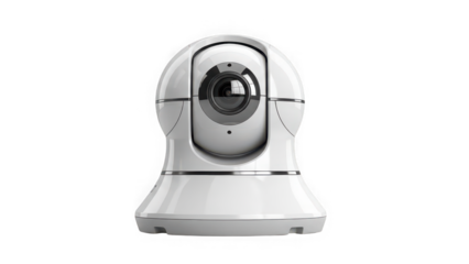 Modern white robotic IP security camera for home surveillance isolated on a white background.