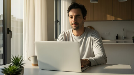 A man focused on his laptop while working in a bright, modern home setting with natural light.