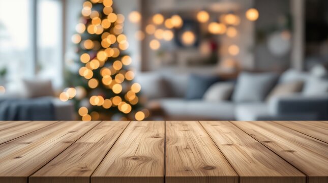 sampleMesa de madera vac&iacute;a frente a un &aacute;rbol de Navidad desenfocado con luces doradas. Fondo para presentaci&oacute;n de productos y tarjetas de felicitaci&oacute;n