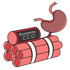 Digestive Dynamite cartoon concept for aggressive heartburn or upset stomach remedy, great for commercial use in advertising and wellness