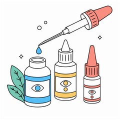 Modern line art showing eye drop bottles and a dropper applying medication for clear vision and eye care