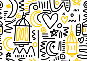 Ramadan seamless pattern in doodle outline style.