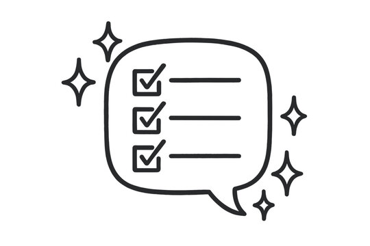Checklist Doodle Clarity. Friendly doodle checklist speech bubble surrounded by sparkles of communication and clarity, No text, No