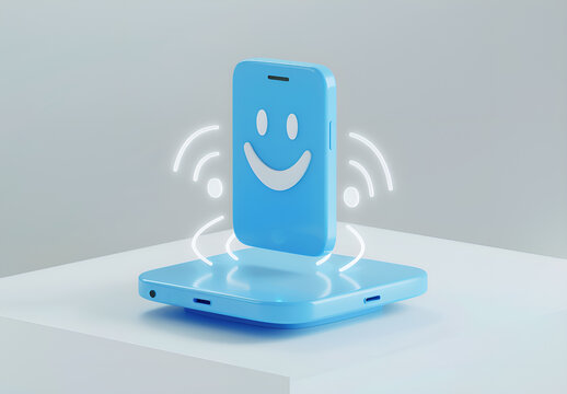 Niebieski smartfon z uśmiechniętą buźką unoszący się nad ładowarką bezprzewodową.