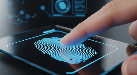Futuristic biometric fingerprint scanner on a digital screen. Concept of cyber security, identity verification and secure data access.