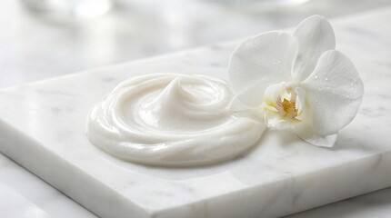 White cream swirl next to blooming orchid on marble surface. Skincare product showcase with minimalist elegance. Purity and luxury beauty concept for 2026 color of the year trend.