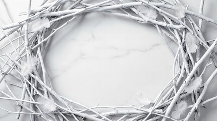 Rustic white twig wreath adorned with soft feathers on smooth marble background. Minimalist circular frame creating copy space for elegant invitations or greeting cards. Neutral winter decoration