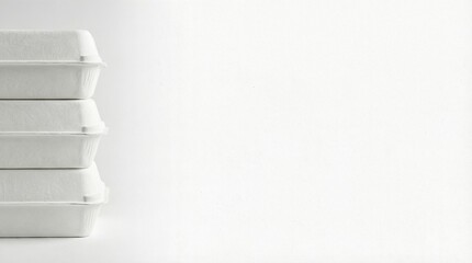 Stack of white foam takeout containers on plain background. Minimalist disposable packaging for food delivery services. Color of the year 2026 white theme in sustainable commercial design.