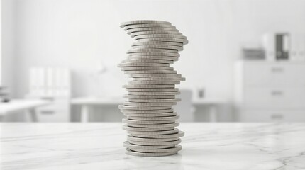 Tall stack of silver coins on marble desk in modern office. Financial savings and wealth building concept. Business investment growth visualization for economic trends and money management strategies