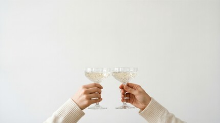 Hands in white sweaters clinking champagne flutes for toast. Elegant celebration with sparkling wine bubbles. Minimalist festive concept for new year events and joyful gatherings.