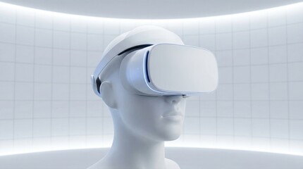 Mannequin head wearing virtual reality headset in minimalist white room. Futuristic immersive technology concept for digital innovation and metaverse experiences. Color of the year 2026 trend in vr