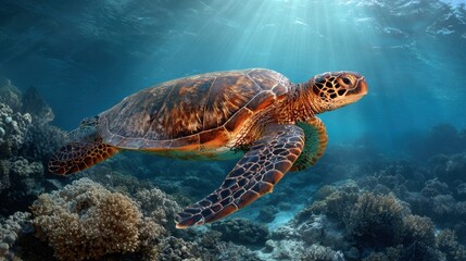 Obraz premium Giant Sea Turtle Swims Above Coral Reef in Polynesian Waters, Representing Ancient Wisdom and Freedom of the Ocean