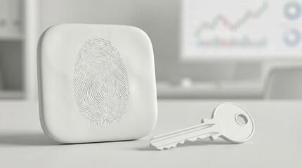 White biometric fingerprint device and key on office desk with financial charts background. Digital security and access control concept for business data protection and cybersecurity in modern