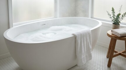 Luxurious white bathtub filled with foam bubbles in serene modern bathroom. Relaxing self-care and wellness concept with eucalyptus plant and folded towel. Spa atmosphere for home tranquility and