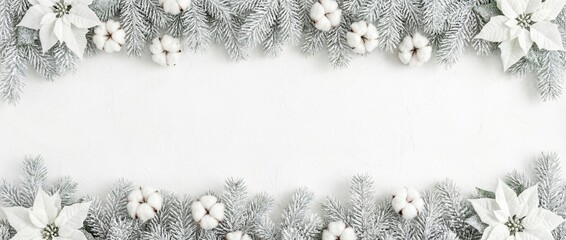 White poinsettias and cotton bolls with frosty fir branches forming elegant border on snowy background. Winter holiday frame for Christmas decorations and seasonal greetings. Icy pale tones