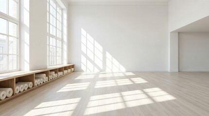 Empty yoga studio filled with natural sunlight streaming through large windows. Minimalist white interior with light wooden floor and shelves of rolled white mats. Modern wellness space design