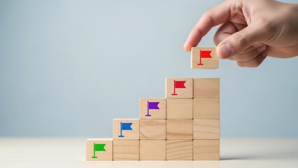 Wooden Blocks Stairway with Flags and Hand Placing