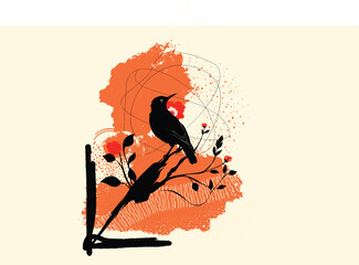 Abstract black bird sitting on floral branch with red ink splashes and grunge textures, modern graphic vector illustration symbolizing freedom, creativity and nature on light background. © Snezana