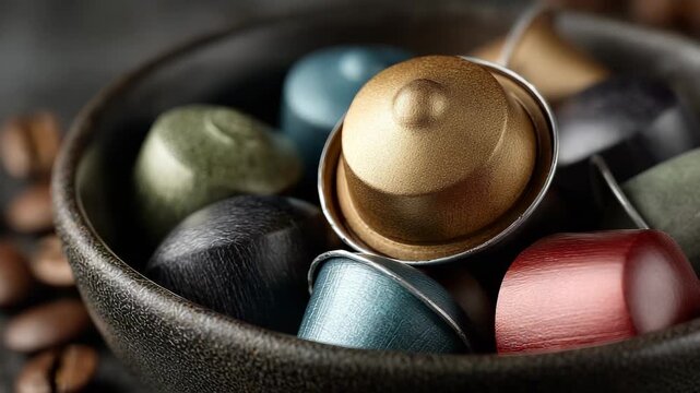 Close-up of Coffee Capsules in a Bowl, Reflecting Rich Aroma and a Modern Coffee Ritual.