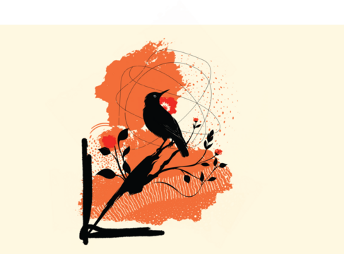 Abstract black bird sitting on floral branch with red ink splashes and grunge textures, modern graphic vector illustration symbolizing freedom, creativity and nature on light background.