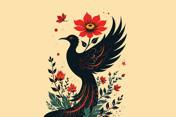 Elegant mythical black bird with ornate wings rising from blooming red flowers and lush foliage, modern folk art vector illustration symbolizing freedom, rebirth and nature on pastel background.