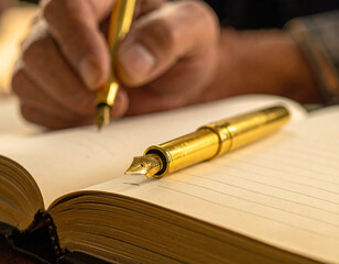 A golden pen writes in a journal, recording stories and wisdom from the golden years.