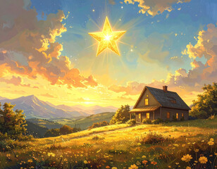 A golden star shines above a peaceful home, representing hope and dreams fulfilled in the golden years.