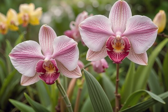 Vibrant pink and white orchids with intricate vein patterns and striking magenta labellums bloom gracefully in a lush garden, realistic photography