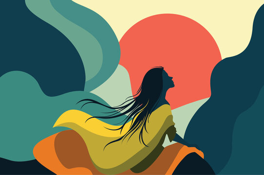 Woman with long flowing hair sitting in abstract landscape at sunset, modern flat vector illustration symbolizing freedom, self discovery, mindfulness and connection with nature in bold colors.