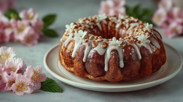 Round Polish Easter Babka Cake With White Glaze And Delicate Flowers On A Plate Surrounded By Pink