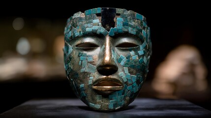 A detailed look at an Aztec ceremonial mask made of turquoise mosaic and obsidian, photographed on black velvet to highlight its craftsmanship and spiritual significance &mdash; ancient artistry, sacred