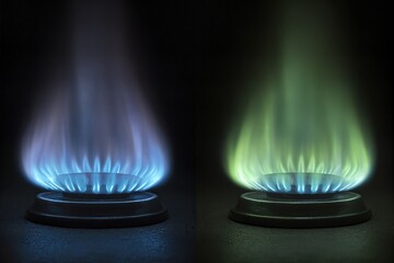 Dual colored gas burner flames in green and blue tones