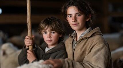 Obraz premium A young shepherd teaching a child how to guide sheep, hands gently placed on a shepherd’s staff as generations connect — intergenerational farming knowledge, family tradition, and countryside