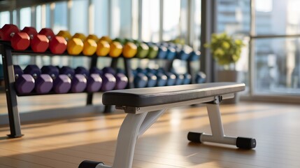 A gym bench positioned under a rack of colorful dumbbells, morning sunlight streaming through large windows onto polished floors — modern fitness center design, welcoming workout environment, and