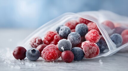 Frozen berries spilling from a frosty resealable bag onto a marble counter, tiny ice crystals sparkling under kitchen window light &mdash; premium frozen fruit, healthy smoothie ingredients, and vibrant
