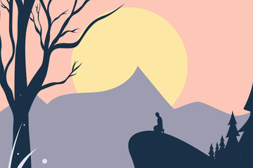 Naklejka premium Silhouette of person meditating on mountain at sunrise with bare tree and pine forest, modern flat vector illustration symbolizing peace, prayer, spirituality and connection with nature in pastel colo