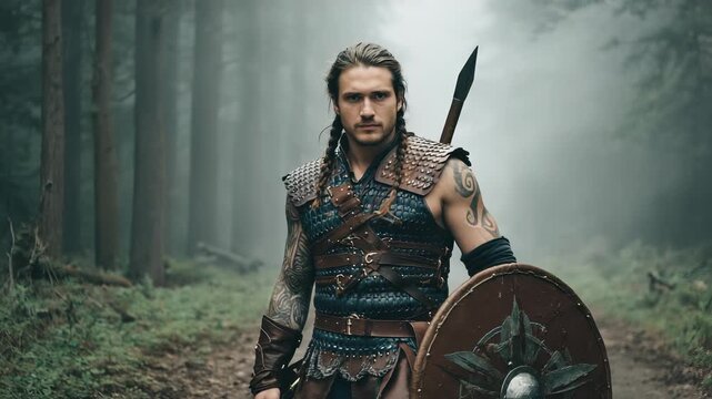 Fierce Viking Warrior with Spear and Shield Standing Guard in Misty Forest, Tattooed Arms, Braided Hair, Intense Gaze, Fantasy Concept.