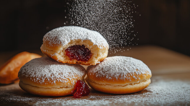 Polish Paczki Donuts with Jam Filling and Powdered Sugar for Bakery and Seasonal Marketing