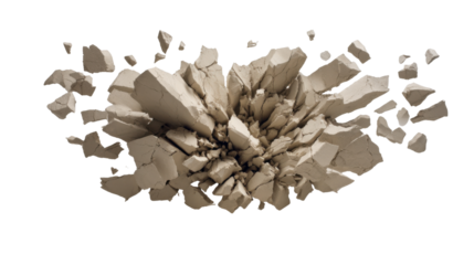 Rock explosion with debris flying apart representing strong impact, shattering, breaking, destruction on transparent background