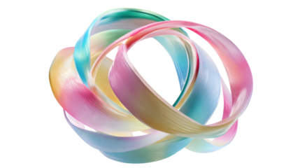 Abstract 3d pastel ribbons swirling around creating an intricate fluid shape with a transparent background