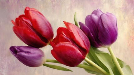 Obraz premium Bright red and purple tulips bloom elegantly showcasing vibrant colors against a gentle backdrop.